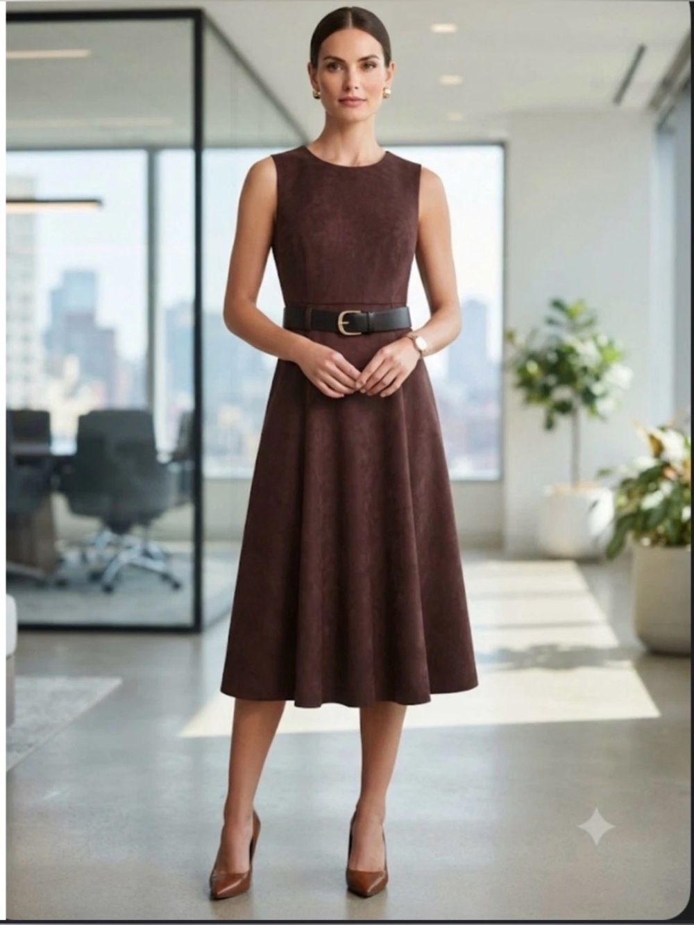 Calvin Klein Chocolate Brown Sleeveless Midi Dress with Belt